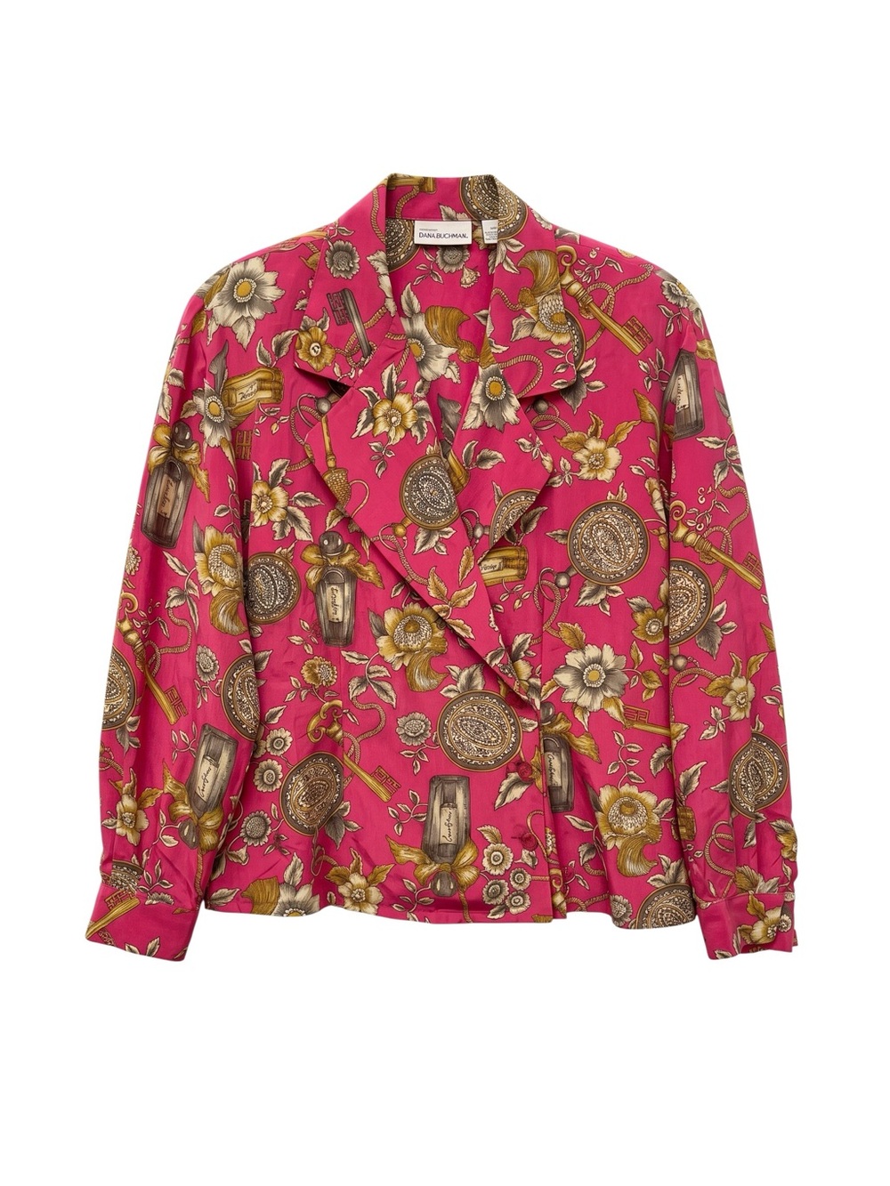 Vintage Dana Buchman 100% Silk Blouse Pink Graphic Print Double Breasted Button